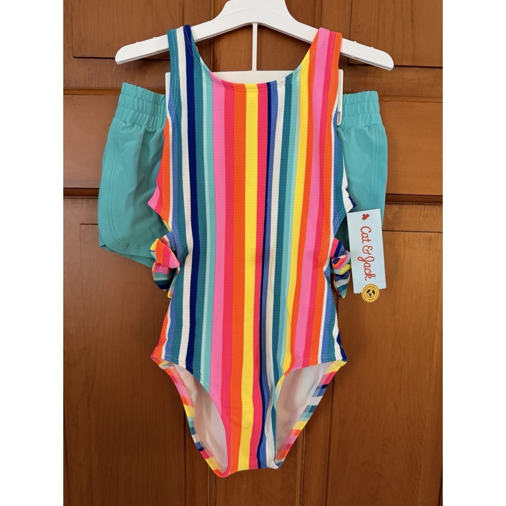 Girls' Cat & Jack Multicolored Rainbow Striped One Piece Swimsuit With Shorts S